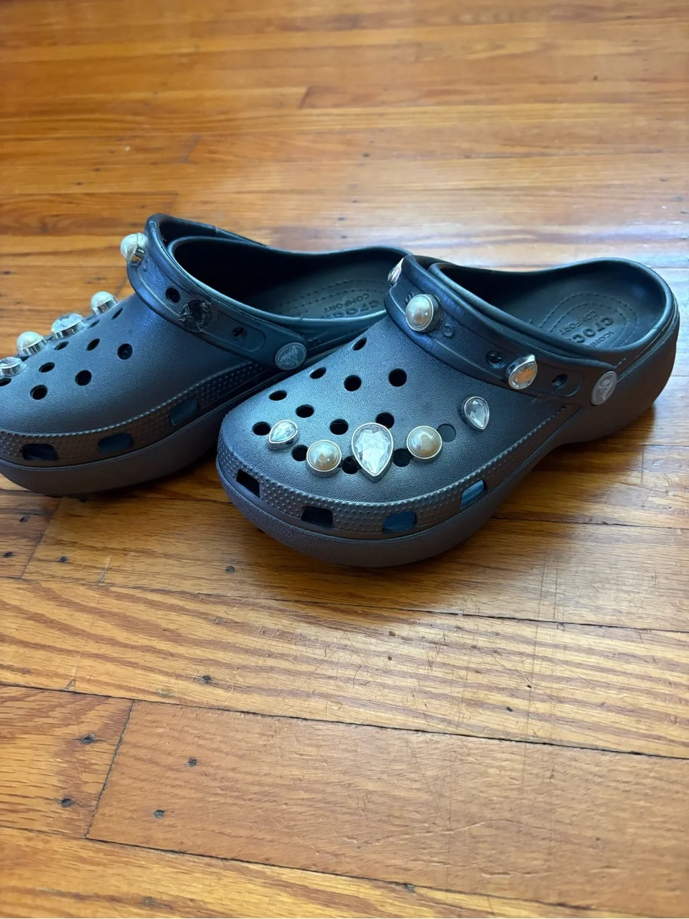 CROCS Kids Black Clog Sandals with Pearl & Teardrop Gems